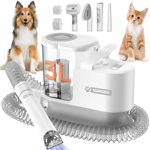 SEANCHEER Dog Grooming Vacuum &Dog Grooming Kit 3L Pet Hair Vacuum with Dog Clipper Low Noise Dog Shedding Brush Vacuum with 5 Pet Grooming Tools Hair Remover for Dogs and Cat-2024 (Grey)
