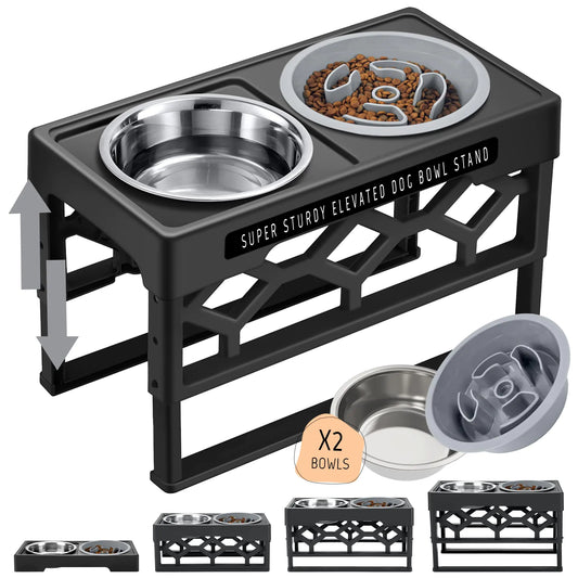 AVERYDAY Elevated Slow Feeder Dog Bowl with Stainless Steel Dog Bowl 4 Heights Adjustable Dog Food Bowls Stand for Small Breeds Raised Slow Feeder Dog Bowls with Anti-Slip Stand for Health Eating